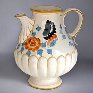Nora Fenton Italian Hand Painted Floral Ceramic Pitcher Gold Trim Vintage